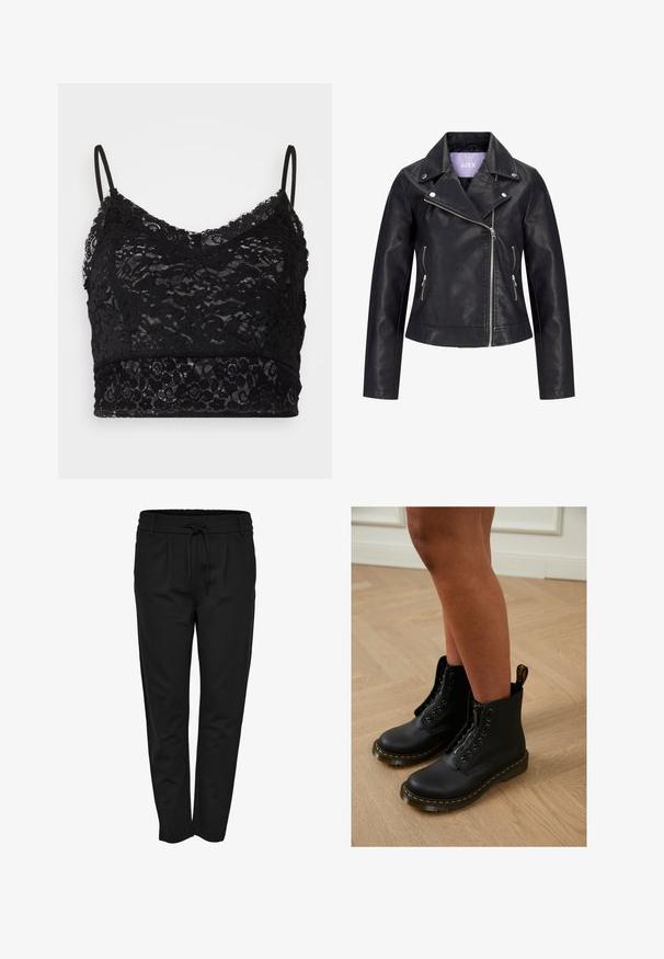 Veste de motard en simili cuir noir avec fermeture éclair asymétrique sur le devant, boutons-pression argentés sur un large revers, et deux poches latérales zippées.; Bralette en dentelle noire avec des bretelles spaghetti réglables, un motif de dentelle florale et une bande noire unie en bas.; Pantalons noirs en tissu doux et extensible. Dotés d'une taille élastique avec cordon de serrage, de plis à l'avant et de jambes fuselées.; Bottines en cuir noir avec fermeture éclair et design à lacets, arborant des coutures jaunes et une semelle épaisse et texturée.