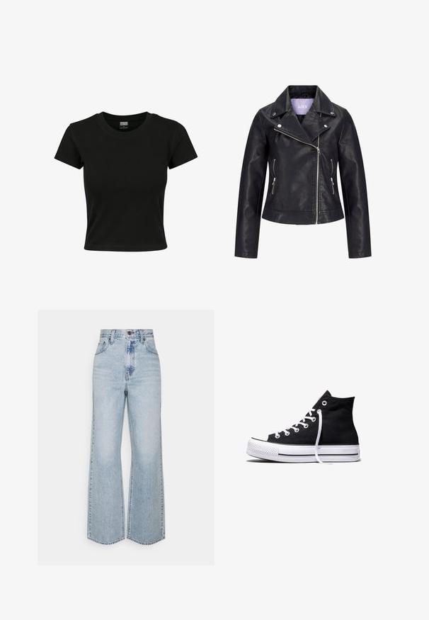 Chaqueta de motorista negra de cuero sintético con cremallera frontal asimétrica, botones de presión plateados en la solapa ancha y dos bolsillos laterales con cremallera.; Camiseta negra de manga corta fabricada en algodón suave, con un cuello redondo y un corte ajustado. Sin patrones ni acentos visibles.; Jeans anchos de mezclilla de un azul claro con una cintura alta, diseño clásico de cinco bolsillos y costuras en contraste. Detalle de dobladillo sin terminar en la parte inferior.; Zapatilla alta de lona negra con suela de goma blanca y cordones blancos, vista de lado sobre un fondo blanco.