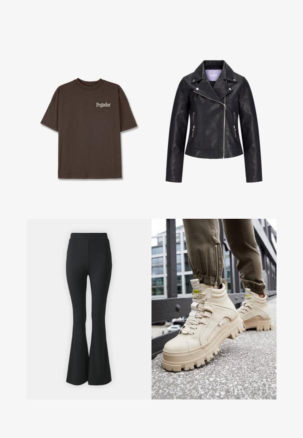 Veste de motard en simili cuir noir avec fermeture éclair asymétrique sur le devant, boutons-pression argentés sur un large revers, et deux poches latérales zippées.; T-shirt en coton marron avec un col rond, des manches courtes et un petit logo blanc "Pegador" sur la poitrine. Texture lisse, coupe décontractée.; Pantalons noirs évasés en tissu extensible. Présentent une taille haute et un design lisse et ajusté qui s'évase à partir du genou.; Baskets montantes beiges avec une semelle épaisse et texturée, un design à lacets et des étiquettes accent jaune. Tige en cuir texturé avec des coutures contrastées.