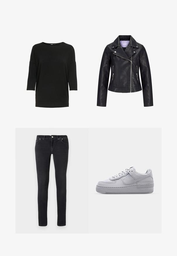 Chaqueta de motorista negra de cuero sintético con cremallera frontal asimétrica, botones de presión plateados en la solapa ancha y dos bolsillos laterales con cremallera.; Camiseta negra de manga larga hecha de un tejido suave y texturizado. Cuenta con un cuello redondo y un corte holgado con mangas de tres cuartos.; Vaqueros negros ajustados con diseño de cinco bolsillos, cierre de botón y trabillas para cinturón, laid flat sobre un fondo blanco liso.; Zapatilla Nike Air Force 1 gris con puntera perforada, parte superior de cuero suave, suela gruesa y detalle en relieve 'AIR' en el talón.