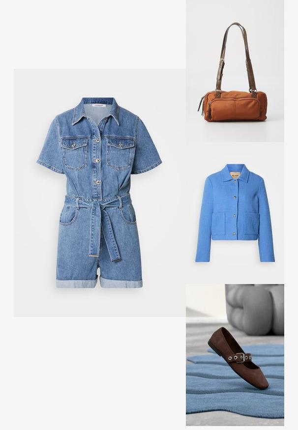 Blå tekstureret cropped jakke med klassisk krave, knaplukning foran og to påsyede lommer. Materialerne virker vævede med et diskret mønster.; Denim jumpsuit med korte ærmer, krave, to brystlommer, bælte i taljen og opkrøllede ærmer. Lys blå farve med let tekstur.; Brun ruskind flad sko med spænde-rem, der hviler på tekstureret blåt tæppe med gråt polstret møbel i baggrunden.; Brun stof tas med rektangulær form, to justerbare skulderstropper og en frontlomme med lynlås. Glat tekstur med sølvhardware detaljer.
