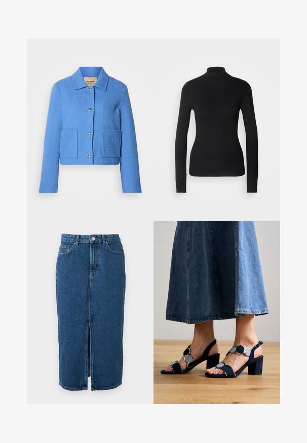 Blauwe gestructureerde cropped jas met een klassieke kraag, knoopsluiting aan de voorkant en twee opgestikte zakken. Materialen lijken geweven met een subtiel patroon.; Zwarte coltrui gemaakt van lichte brei stof. Heeft lange mouwen, een aansluitend design en een zachte ribbeltextuur.; Blauwe denimrok van middellange lengte met een centrale split aan de voorkant, riemlussen, voorzakken en knoopsluiting in de taille.; Marco Tozzi Sandalen - navy