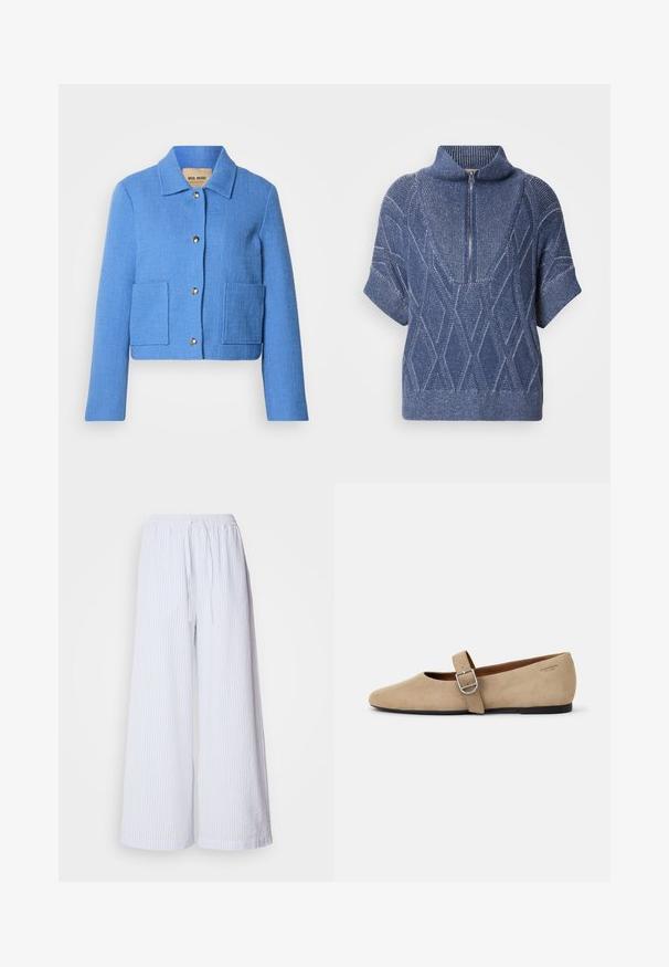 Blå tekstureret cropped jakke med klassisk krave, knaplukning foran og to påsyede lommer. Materialerne virker vævede med et diskret mønster.; Blå strikket sweater med lynlås i høj krave, korte ærmer og diamantmønstre. Struktureret stof med kontrasterende lyse tråde.; Hvide bukser med vide ben og lyseblå striber, udstyret med en elastisk talje med snor og et tekstureret stof.; Beige ruskind Mary Jane flade sko med spids tå og et enkelt justerbart strop med en sølv spænde. Sort flad sål.