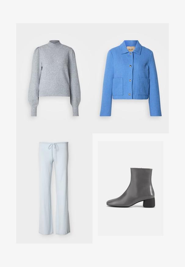 Veste courte texturée bleue avec un col classique, une fermeture à boutons sur le devant et deux poches plaquées. Les matériaux semblent tissés avec un motif subtil.; Pull en maille gris clair avec un col haut, de longues manches bouffantes et des poignets et un ourlet côtelés. Fait d'un tissu doux et texturé.; Pantalon bleu clair à cordon de serrage avec une coupe droite et une texture de tissu douce, présenté sur un fond uni.; Bottine en cuir gris avec un design épuré, bout pointu et un petit talon carré. Texture lisse avec un branding minimaliste sur le côté.
