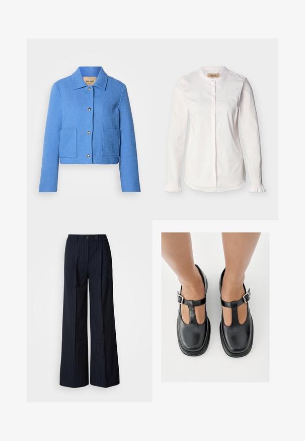 Blauwe gestructureerde cropped jas met een klassieke kraag, knoopsluiting aan de voorkant en twee opgestikte zakken. Materialen lijken geweven met een subtiel patroon.; Witte blouse met lange mouwen, bandkraag, verborgen knopenlijst, subtiele verticale strepen en gerimpelde manchetten, weergegeven op een effen achtergrond.; Marineblauwe pinstriped wijde broek met twee voorknoopsluiting, op maat gemaakt ontwerp, vouw aan de voorkant en een soepele textuur.; Zwarte leren schoenen met een T-bandontwerp, gesloten teensluiting en zilverkleurige gespdetails. Glad oppervlak met een ronde neus en platte zool.