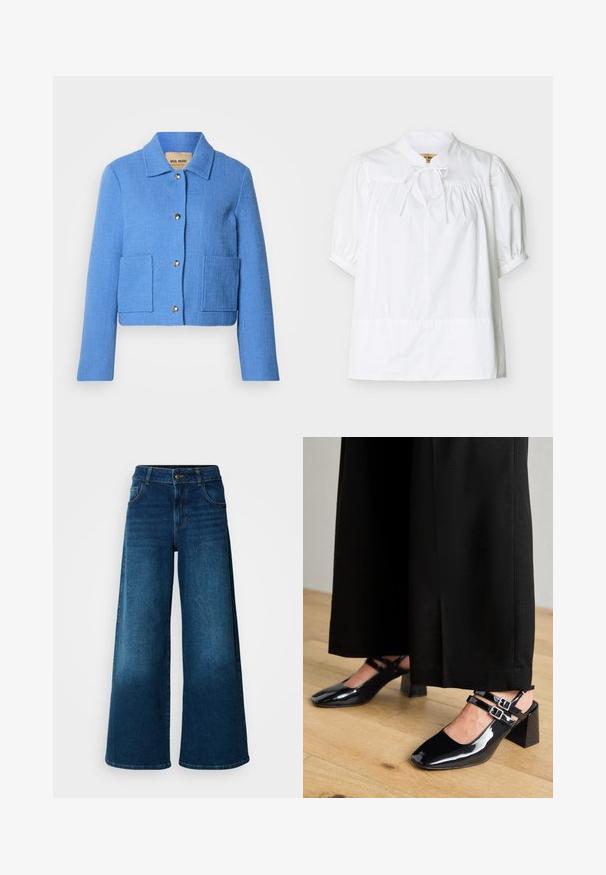 Chaqueta corta azul texturizada con cuello clásico, cierre frontal con botones y dos bolsillos de parche. Los materiales parecen tejidos con un patrón sutil.; Blusa blanca de manga corta con canesú fruncido y mangas abullonadas, que presenta un pequeño cuello alto con un lazo atado en el cuello.; Jeans de pierna ancha hechos de denim azul oscuro. Presentan una cintura alta, cierre de botón y un diseño clásico de cinco bolsillos con un ligero desgaste.; Zapatos de charol negro tipo slingback con puntera cuadrada, que cuentan con dobles correas ajustables en el tobillo y tacones en bloque. Acabado suave y brillante.