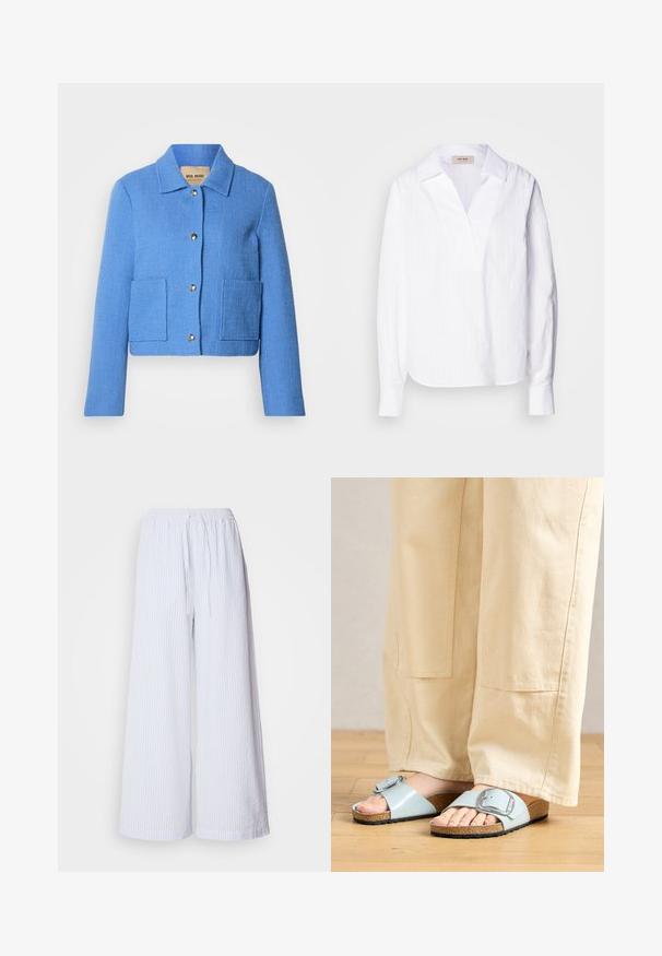 Blå tekstureret cropped jakke med klassisk krave, knaplukning foran og to påsyede lommer. Materialerne virker vævede med et diskret mønster.; Hvid langærmet skjorte lavet af letvægts tekstureret stof, med V-hals, oversize krave og subtile lodrette striber.; Hvide bukser med vide ben og lyseblå striber, udstyret med en elastisk talje med snor og et tekstureret stof.; Lysblå strandsandaler med en bred rem og sølvspænde, der har en tekstureret kork-sål og en sort gummiydersål.
