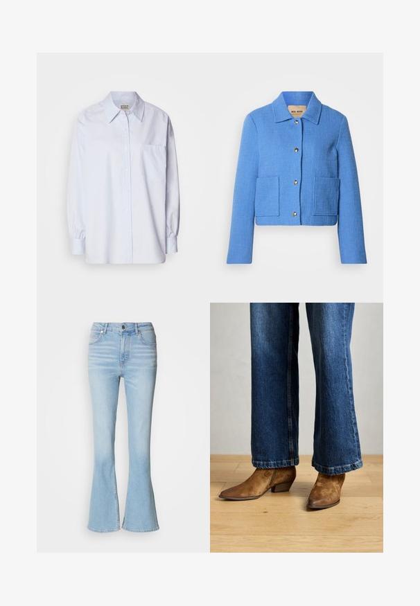 Blå tekstureret cropped jakke med klassisk krave, knaplukning foran og to påsyede lommer. Materialerne virker vævede med et diskret mønster.; Lyseblå skjorte med knapper lavet af bomuld. Har en spids krave, lange ærmer og en enkelt brystlomme. Glat tekstur.; Lyseblå vide jeans lavet af denim med høj talje, prydet med subtil falming og en standard lynlås-lukning.; Brune suede ankelstøvler med spids tå og en lille hæl, parret med mørkeblå flared jeans, på et trægulv.