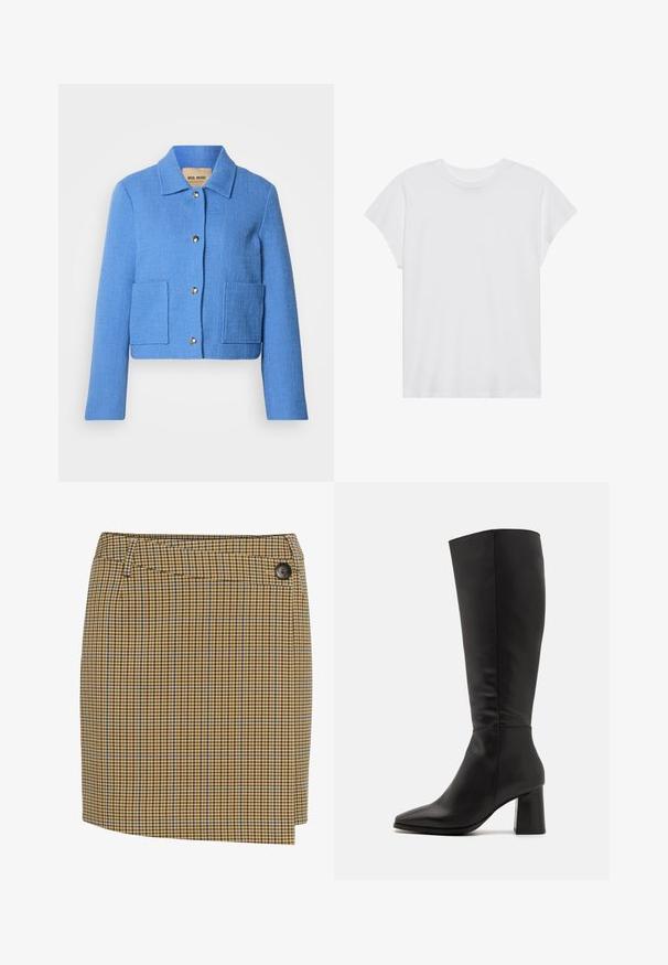 Blå tekstureret cropped jakke med klassisk krave, knaplukning foran og to påsyede lommer. Materialerne virker vævede med et diskret mønster.; Hvid kortærmet t-shirt med rund hals, afslappet pasform, lavet af blødt bomuldsstof. Glat tekstur, ingen mønstre eller logoer.; Brun og gulternet nederdel med blå detaljer. Har en lige skæring, sidelukning med knapper og glat tekstur.; Sort knæhøje støvler lavet af glat læder. Har spidse tæer og en kraftig, struktureret blokhæl. Minimal sydetaljer.