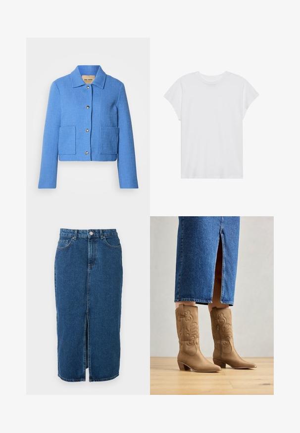 Blå tekstureret cropped jakke med klassisk krave, knaplukning foran og to påsyede lommer. Materialerne virker vævede med et diskret mønster.; Hvid kortærmet t-shirt med rund hals, afslappet pasform, lavet af blødt bomuldsstof. Glat tekstur, ingen mønstre eller logoer.; Mid-lang blå denimnederdel med frontcenter slids, bæltestropper, forlommer og knaplukning i taljen.; Tan western-stil støvler med dekorativ syning, spids tå og stakket hæl. Båret med en denimnederdel i knæ længde, der afslører støvlerne.
