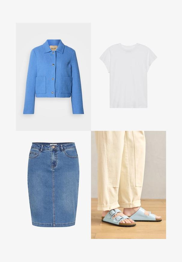Blauwe gestructureerde cropped jas met een klassieke kraag, knoopsluiting aan de voorkant en twee opgestikte zakken. Materialen lijken geweven met een subtiel patroon.; Witte t-shirt met korte mouwen, ronde hals, relaxte pasvorm, gemaakt van zacht katoen. Glad textuur, geen patronen of logo's.; Denim rok in lichtblauw met een aansluitend ontwerp, sluiting met knopen aan de voorkant, vijf zakken en contrasterende stiksels langs de naden.; Lichtblauwe open-toe sandalen met dubbele gespen, kurken voetbed en zwarte rubberen zool, gedragen bij crèmekleurige wijde broek.