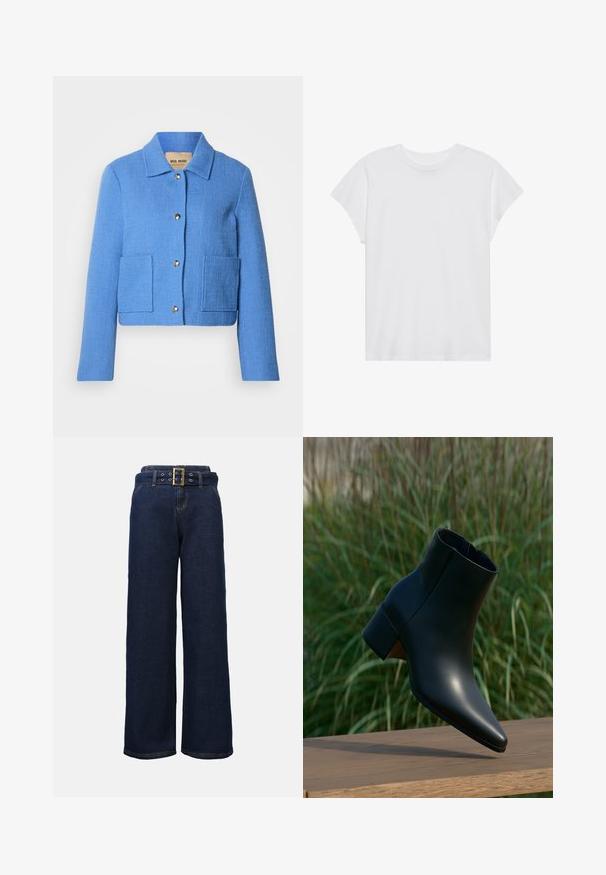 Chaqueta corta azul texturizada con cuello clásico, cierre frontal con botones y dos bolsillos de parche. Los materiales parecen tejidos con un patrón sutil.; Camiseta blanca de manga corta con cuello redondo, corte relajado, hecha de suave tela de algodón. Textura lisa, sin estampados ni logotipos.; Pantalones vaqueros de pierna ancha en azul oscuro con bolsillos cosidos y un cinturón a juego que presenta una gran hebilla rectangular dorada.; Botín negro de cuero con tacón bloque, punta puntiaguda, exhibido sobre superficie de madera con fondo borroso de césped verde.
