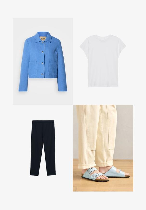 Blaue, strukturierte, kurz geschnittene Jacke mit klassischem Kragen, vorderer Knopfleiste und zwei aufgesetzten Taschen. Die Materialien wirken gewebt mit einem dezenten Muster.; Weißes kurzärmliges T-Shirt mit Rundhalsausschnitt, lockerer Passform, aus weichem Baumwollstoff. Glatte Textur, keine Muster oder Logos.; Schwarze, knöchellange Leggings aus glattem, elastischem Material. Sie haben einen breiten, flachen Bund und keine sichtbaren Nähte oder Verzierungen.; Himmelblaues Offene-Schuhe-Sandalen mit doppelten Schnallen, Korkfußbett und schwarzer Gummisohle, kombiniert mit cremefarbener, weit geschnittener Hose.