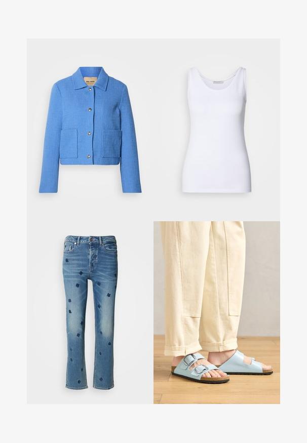 Blaue, strukturierte, kurz geschnittene Jacke mit klassischem Kragen, vorderer Knopfleiste und zwei aufgesetzten Taschen. Die Materialien wirken gewebt mit einem dezenten Muster.; Weißes Tanktop aus glattem, dehnbarem Stoff. Verfügt über einen runden Halsausschnitt und breite Träger. Der Saum sitzt knapp unter der Taille. Keine Muster oder Akzente.; Hellblaue Jeans aus Denim mit geradem Bein, verziert mit navyblauer floralem Stickerei und einem Used-Look-Effekt nahe den Taschen und dem Saum.; Himmelblaues Offene-Schuhe-Sandalen mit doppelten Schnallen, Korkfußbett und schwarzer Gummisohle, kombiniert mit cremefarbener, weit geschnittener Hose.