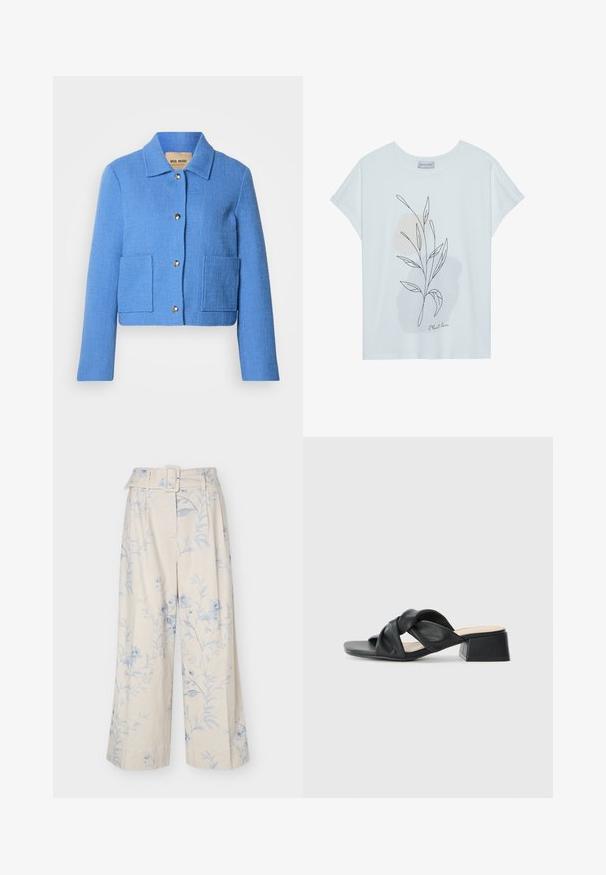 Blå tekstureret cropped jakke med klassisk krave, knaplukning foran og to påsyede lommer. Materialerne virker vævede med et diskret mønster.; Hvid kortærmet T-shirt med en bladoverlinje-design i sort og bløde beige abstrakte former. "Plant love" tekst i bunden.; Vidde cremefarvede bukser med lyseblåt blomsterprint og matchende stofbælte med rektangulært spænde.; Sort lædersandal med et snoet overdesign, kvadratisk tå og en lav blokhæl, der har en glat tekstur og minimalistisk stil.