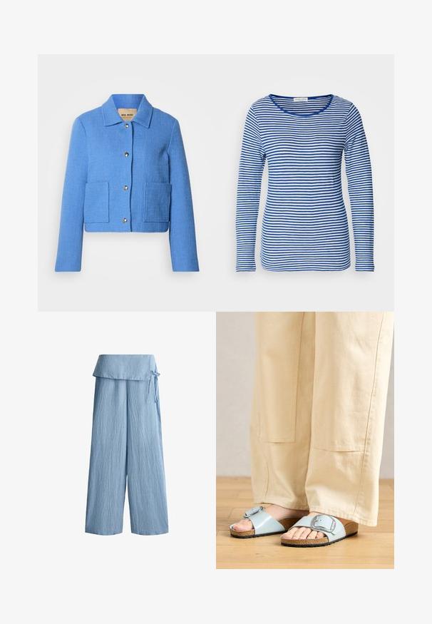 Veste courte texturée bleue avec un col classique, une fermeture à boutons sur le devant et deux poches plaquées. Les matériaux semblent tissés avec un motif subtil.; Chemise à manches longues avec un col rond, présentant des rayures horizontales bleues et blanches alternées. Fabriquée en tissu doux et léger.; Pantalon large bleu clair à rayures verticales, taille rabattue et petit détail de nœud sur le côté.; Sandales en plastique bleu clair avec une large lanière et une boucle en argent, dotées d'une semelle en liège texturée et d'une semelle extérieure en caoutchouc noir.