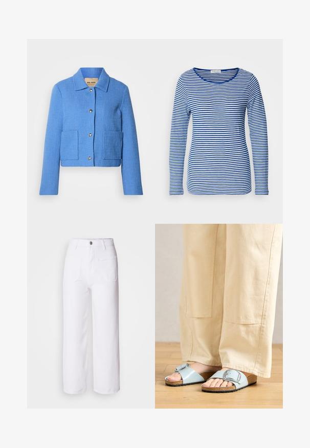 Blå tekstureret cropped jakke med klassisk krave, knaplukning foran og to påsyede lommer. Materialerne virker vævede med et diskret mønster.; Langærmet skjorte med scoop-hals, prydet med skiftende blå og hvide vandrette striber. Fremstillet af blødt, letvægtsstof.; Hvide denim bukser med bred ben, knaplukning, bæltestropper, to forlommer og en enkelt baglomme. Holdbart og struktureret stof.; Lysblå strandsandaler med en bred rem og sølvspænde, der har en tekstureret kork-sål og en sort gummiydersål.