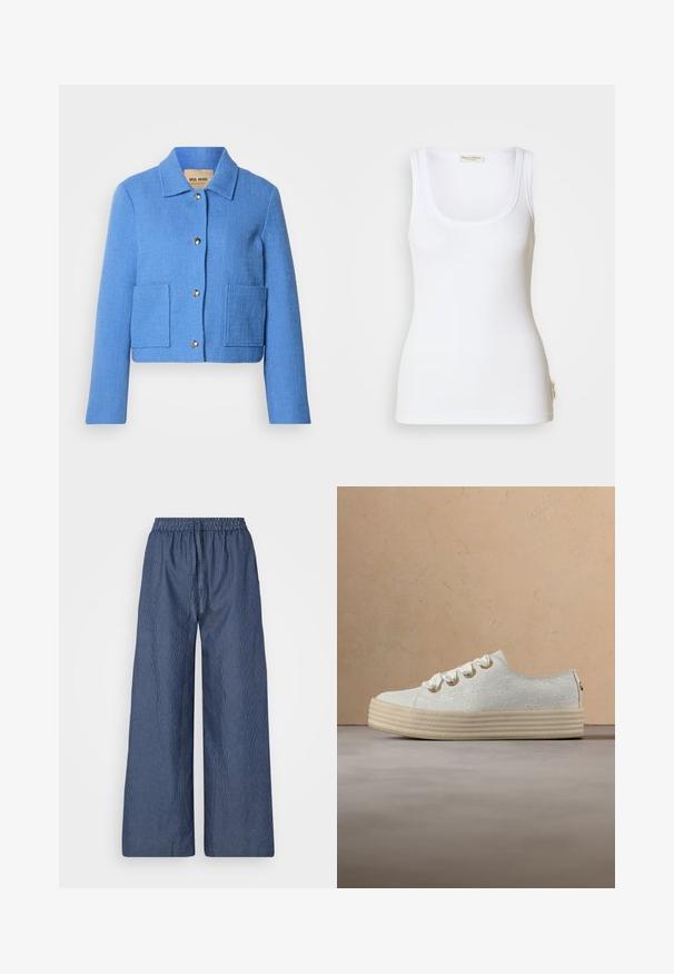 Blauwe gestructureerde cropped jas met een klassieke kraag, knoopsluiting aan de voorkant en twee opgestikte zakken. Materialen lijken geweven met een subtiel patroon.; Witte geribbelde tanktop met een ronde halslijn en brede schouderbanden. Voorzien van een logolabel aan de zijkant van de zoom. Gemaakt van zachte, rekbare stof.; Lichte blauwe en witte gestreepte wijde broek met een drawstring taille en elastische band, gemaakt van een zachte stof en met een relaxte pasvorm.; Witte sneaker met bloemenborduursel, dikke beige zool en grote satijnen veters, zwevend binnenshuis nabij een houten salontafel met boeken.