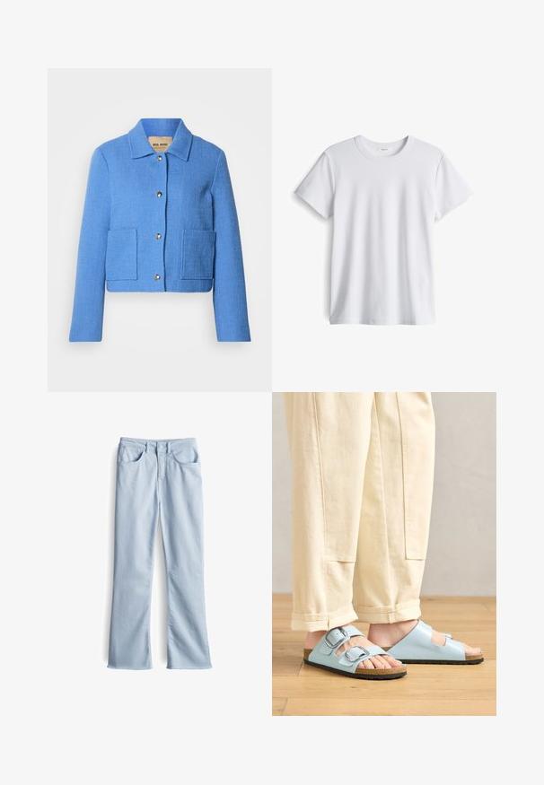Veste courte texturée bleue avec un col classique, une fermeture à boutons sur le devant et deux poches plaquées. Les matériaux semblent tissés avec un motif subtil.; T-shirt en coton blanc avec un col rond et des manches courtes. Texture douce, coupe droite, sans logos ni motifs visibles.; Jean évasé bleu clair en denim doux. Comprend cinq poches, des passants de ceinture et un fermeture à bouton. Ourlet brut en bas.; Sandales ouvertes bleu clair avec double boucles, semelle en liège et semelle en caoutchouc noir, accompagnées de pantalons larges crème.