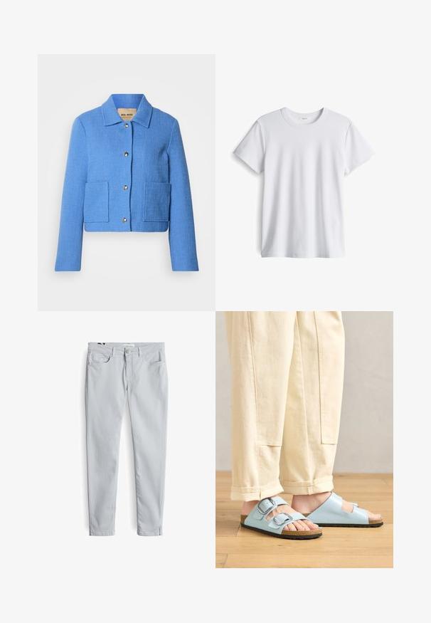 Blaue, strukturierte, kurz geschnittene Jacke mit klassischem Kragen, vorderer Knopfleiste und zwei aufgesetzten Taschen. Die Materialien wirken gewebt mit einem dezenten Muster.; Weißes Baumwoll-T-Shirt mit rundem Ausschnitt und kurzen Ärmeln. Weicher Stoff, gerader Schnitt, keine sichtbaren Logos oder Muster.; Hellgraue Jeanshose mit schmaler Passform. Sie verfügt über vier Taschen, einen Frontknopfverschluss und dezente Näht entlang der Nähte.; Himmelblaues Offene-Schuhe-Sandalen mit doppelten Schnallen, Korkfußbett und schwarzer Gummisohle, kombiniert mit cremefarbener, weit geschnittener Hose.