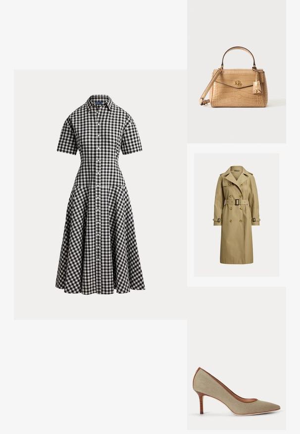 Klassisk beige trenchcoat lavet af bomuldsblandingsmateriale, med dobbeltbrystede knapper, en bælte-taille og skulderepauleter.; Sort og hvid gingham ternet skjortekjole med korte ærmer, figursyet talje, knaplukning foran og skørt i midi-længde med vidde.; Beige spids tå højhælet sko med tekstureret stofoverdel og brun kant, med en slank stablet hæl.; Beige håndtaske i krokodillestribet læder med topstrop, justerbar skulderrem, klaplukning og gylden RL-logo på forsiden.