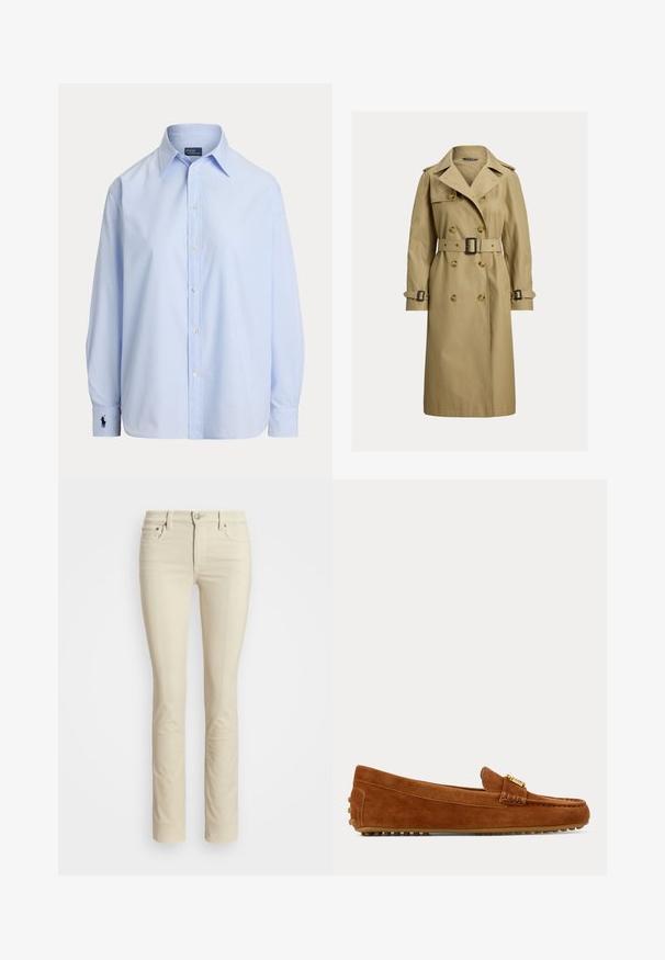 Klassisk beige trenchcoat lavet af bomuldsblandingsmateriale, med dobbeltbrystede knapper, en bælte-taille og skulderepauleter.; Lyseblå langærmet skjorte med knapper og spids krave samt broderet logo på venstre manchet, vist på hvid baggrund.; Beige lige ben bukser, lavet af blød bomuldsblanding, med et klassisk fem-lomme design, metal knaplukning og subtil tekstur.; Brun ruskind loafer med gulddetalje og gummisåle med små knopper, set fra siden på en ensfarvet baggrund.