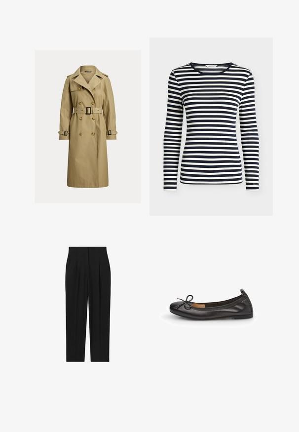 Klassieke beige trenchcoat gemaakt van een katoenmix, met dubbelgeknoopte knopen, een ceintuur in de taille en schouderepauletten.; Oversized shirt met lange mouwen met marineblauwe en witte horizontale strepen en een ronde hals, met het merk GANT op de mouwboord.; Zwarte, op maat gemaakte broek met hoge taille, rechte pijpen en plooien aan de voorkant, afgebeeld op een witte achtergrond.; Zwarte leren ballerina met een ronde neus, slank strikdetail aan de voorkant en elastische rand voor een veilige pasvorm. Platte zool voor comfort.
