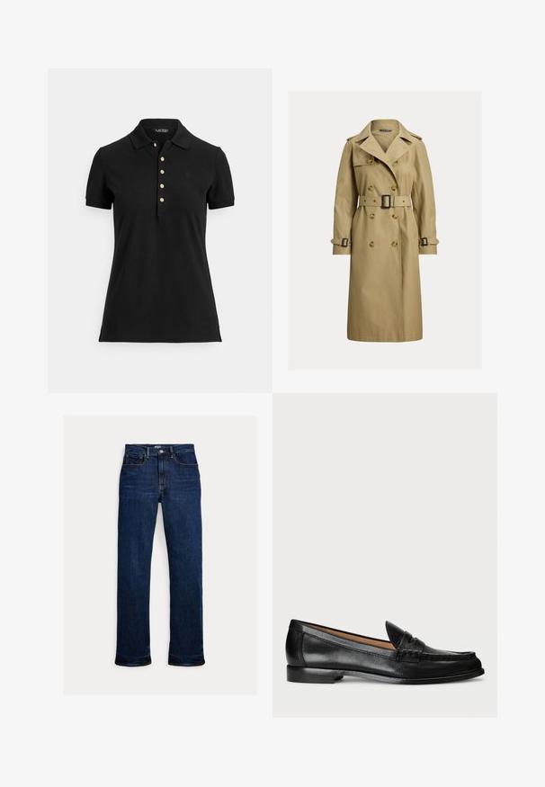 Klassischer beiger Trenchcoat aus einem Baumwollgemisch, mit doppelter Knopfleiste, tailliertem Gürtel und Schulterklappen.; Schwarzes Poloshirt aus strukturiertem Stoff mit Kragen, kurzen Ärmeln und einer Knopfleiste mit goldfarbenen Knöpfen. Dezentes Logodetail auf der Brust.; Dunkelblaue Straight-Leg-Denim-Jeans mit Frontknopf und Reißverschluss, Fünf-Taschen-Design und sichtbaren Nähten.; Lauren Ralph Lauren WYNNIE - Slipper - black