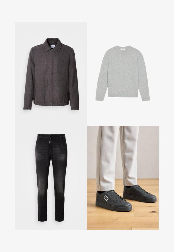 Lindbergh TEXTURED ZIP THROUGHT JACKET - Lichte jas - charcoal; Lichtgrijze wollen trui met ronde hals, lange mouwen en ribbels aan de manchetten en onderkant. Zachte textuur met een solide, minimalistisch ontwerp.; Zwarte denim jeans met een rechte pijp, voorzien van een knopenfly, vijf zakken en subtiele vervaging in de stoftextuur.; Persoon in lichtgrijze broeken en zwarte lage sneakers met dikke zolen, staand op een houten vloer.