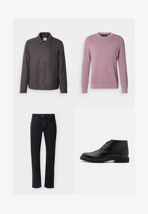 Lindbergh TEXTURED ZIP THROUGHT JACKET - Leichte Jacke - charcoal; Helllila gestrickter Pullover mit Rundhalsausschnitt, langen Ärmeln, gerippten Bündchen und Saum, versehen mit einem dezenten Logo auf der Brust.; Schwarze Jeans mit geradem Bein, vorderen Taschen, Gürtelschlaufen, Knopfverschluss und sichtbaren Nähten vor einem schlichten weißen Hintergrund.; Schwarzer Lederknöchelstiefel mit drei Ösen, abgerundeter Spitze und flacher Sohle auf einfachem hellem Hintergrund.