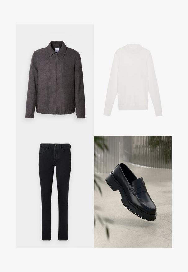 Lindbergh TEXTURED ZIP THROUGHT JACKET - Chaqueta fina - charcoal; Jersey blanco de cuello alto, con mangas largas y puños y dobladillo acanalados. Fabricado en un suave tejido de punto. Diseño simple y ajustado.; Vaqueros de mezclilla oscura con un corte ajustado, diseño de cinco bolsillos y cierre de botón metálico. Textura suave y color uniforme en todo el conjunto.; Mocasines de cuero negro con suela gruesa, que presentan una correa decorativa y detalles de costura. Textura suave con un acabado pulido.
