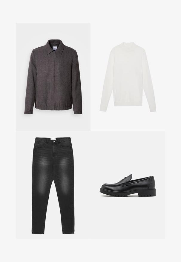 Lindbergh TEXTURED ZIP THROUGHT JACKET - Veste légère - charcoal; Pull-over blanc avec un col montant, des manches longues et des poignets et un ourlet côtelés. Fabriqué en tissu tricoté doux. Design simple et ajusté.; Jean en denim noir avec un effet délavé, taille haute, design à cinq poches et accessoires en métal argenté. Coupe droite avec des détails de surpiqûres contrastées.; Mocassins en cuir noir avec un bout arrondi, un design à enfiler et une semelle en caoutchouc épaisse avec une texture antidérapante. Talon surélevé et détails de surpiqûre subtils.