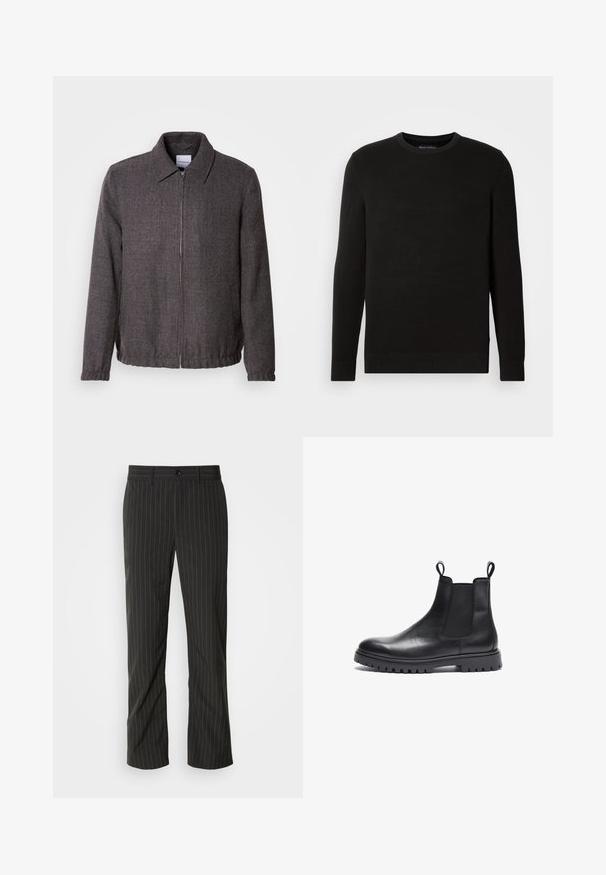 Lindbergh TEXTURED ZIP THROUGHT JACKET - Leichte Jacke - charcoal; Schwarzer gestrickter Rundhals-Pullover mit langen Ärmeln, strukturiertem Stoff, gerippten Bündchen und Saum, mit einem kleinen Logo auf der Brust.; Schwarze, gestreifte Stoffhose mit geradem Schnitt. Sie hat eine glatte Textur, einen Frontknopfverschluss und Gürtelschlaufen.; Schwarze Leder Chelsea-Boots mit strukturierter Oberfläche, elastischen Seitenpanels und Zuglaschen. Verfügt über eine klobige Gummisohle mit Profil.