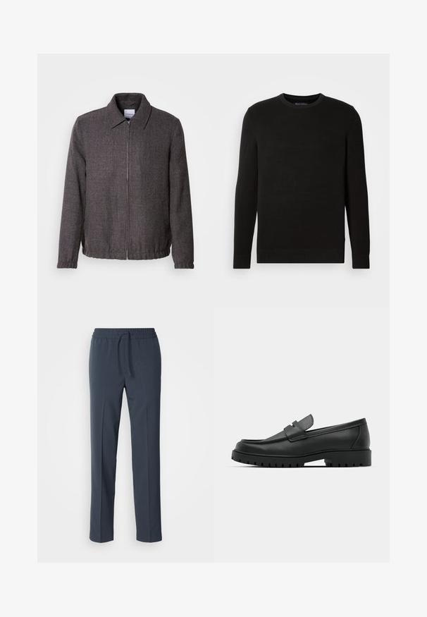 Lindbergh TEXTURED ZIP THROUGHT JACKET - Leichte Jacke - charcoal; Schwarzer gestrickter Rundhals-Pullover mit langen Ärmeln, strukturiertem Stoff, gerippten Bündchen und Saum, mit einem kleinen Logo auf der Brust.; Marineblaue, leichte Hose mit Kordelzugbund, geraden Beinen und glatter Textur. Keine Muster oder Verzierungen sichtbar.; Schwarze Lederloafer mit runder Zehenform, ausgestattet mit einem gesteppten Design, niedrigem Plattformsohle und einer strukturierten, genoppten Gummisohle.