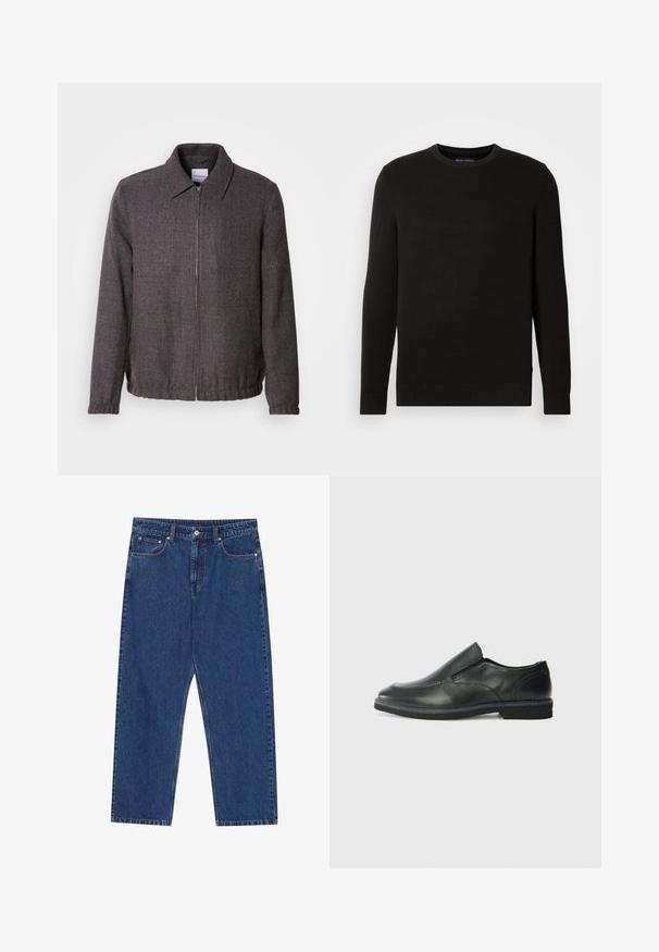 Lindbergh TEXTURED ZIP THROUGHT JACKET - Veste légère - charcoal; Pull noir en mailles avec col rond, manches longues, tissu texturé, bords-côtes au niveau des poignets et de l'ourlet, avec un petit logo sur la poitrine.; Jeans en denim bleu foncé, avec une coupe droite, des poches avant et une braguette à bouton avec des coutures contrastées.; Chaussure slip-on en cuir noir avec une tige lisse, des accents cousus, un bout arrondi et un petit talon en caoutchouc. La semelle présente un profil de traction minimal.