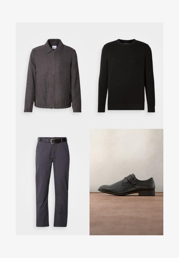 Lindbergh TEXTURED ZIP THROUGHT JACKET - Letná bunda - charcoal; Čierny pletený sveter s okrúhlym výstrihom a dlhými rukávmi, so štruktúrovanou tkaninou, rebrovanými manžetami a spodným lemom, s malým logom na hrudi.; Čierne bavlnené nohavice s rovný strihom, ktoré majú dve predné vrecká a opasok. Tkanina má hladkú textúru a matný povrch.; Čierna kožená spoločenská topánka s hladkou textúrou, zaoblenou špičkou, bočným detailom s prackou a nízkym opätkom, umiestnená nad sivým povrchom.