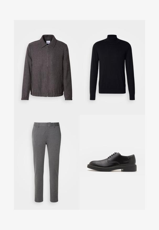 Lindbergh TEXTURED ZIP THROUGHT JACKET - Veste légère - charcoal; Pull à col montant noir en tissu doux. Doté de manches longues, d'un col et de poignets côtelés, avec une texture lisse et sans motifs.; Pantalon gris sur mesure en tissu doux, avec une texture lisse, des poches avant et une fermeture à bouton unique à la taille.; Chaussure noire en cuir à lacets avec un embout arrondi, texture lisse, piqures minimales et un petit talon en caoutchouc. Logo sur le talon.