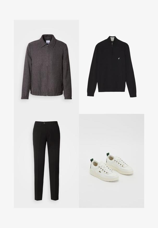 Lindbergh TEXTURED ZIP THROUGHT JACKET - Leichte Jacke - charcoal; Schwarzer Pullover mit langen Ärmeln, einem Viertel-Reißverschluss am Kragen und einem kleinen weißen Vogel-Logo auf der linken Brustseite.; Schwarze gerade geschnittene Hose aus glattem Stoff mit einem Knopfverschluss und seitlichen Taschen im klassischen Design.; Weiße Ledersneaker mit grünen Akzenten, Schnürdesign, goldenen Ösen und strukturierten Paneelen. Dicke cremefarbene Gummisohle.