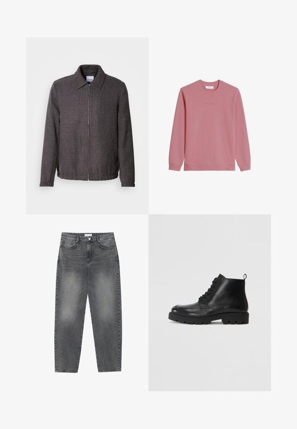 Lindbergh TEXTURED ZIP THROUGHT JACKET - Let jakke / Sommerjakker - charcoal; Langærmet sweatshirt med rund hals i dæmpet pink med ribstrikkede manchetter og kant, med subtilt "Marc O'Polo DENIM"-logo på brystet.; Høj talje, løstsiddende jeans i falmet sort denim. Har fem lommer, bæltestropper og et rent, lige ben design.; Sorte læder ankelstøvler med rund tå, snørebånd fortil og tekstureret gummisål. Inkluderer en løkke ved hælen for nem påføring.