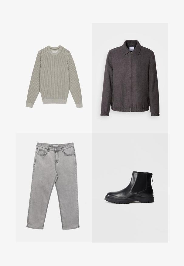Lindbergh TEXTURED ZIP THROUGHT JACKET - Let jakke / Sommerjakker - charcoal; Lysegrå strikketrøje med ribbet tekstur, rund hals og lange ærmer. Simpelt design, elastiske kantafslutninger, minimal detaljer.; Lysegrå denimjeans med forreste knap og lynlås, bæltestropper og fem lommer, lagt fladt på en hvid baggrund.; Sort læderankelstøvle med en glat overflade, elastiske mesh-sider og en robust sål med synligt mønster.