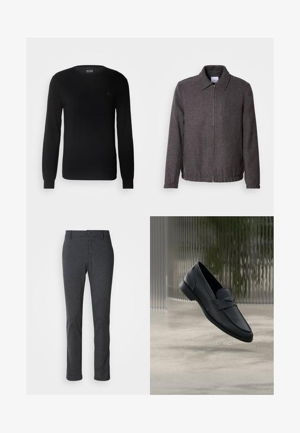 Lindbergh TEXTURED ZIP THROUGHT JACKET - Veste légère - charcoal; Pull en maille noir avec un col rond, des manches longues et un petit logo brodé sur la poitrine. Texture douce et coupe ajustée.; Pantalon droit gris foncé avec fermeture à bouton et à zip, passants de ceinture et texture de tissu lisse.; Mocassin en cuir noir à finition lisse, bout pointu et détails cousus sur le dessus. Talon bas et design minimaliste.