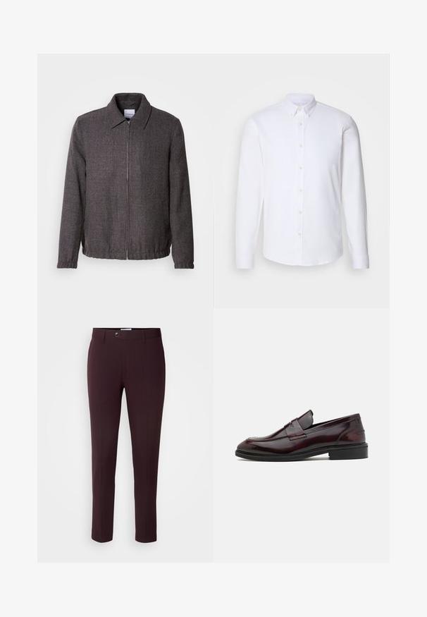 Lindbergh TEXTURED ZIP THROUGHT JACKET - Chaqueta fina - charcoal; Camisa blanca de manga larga y botonadura, hecha de una tela suave, con un cuello clásico, ocho botones en el frente y puños estándar.; Pantalones burdeos oscuros de corte slim, con cierre de botón, trabillas para cinturón y pliegues frontales. Tela suave con un diseño elegante.; Mocasines de cuero burdeos con un acabado suave, acento frontal rectangular y punta redondeada, con una suela de goma negra.