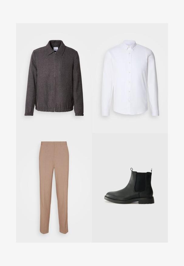 Lindbergh TEXTURED ZIP THROUGHT JACKET - Lichte jas - charcoal; Witte langharige overhemd met knopen gemaakt van een gladde stof, met een klassieke kraag, acht knopen aan de voorkant en standaard manchetten.; Beige, op maat gemaakte broek van een gladde, gestructureerde stof. Rechte pasvorm met een tailleband en zonder zichtbare versieringen of zakken.; Zwarte leren chelsea boots met elastische zijpanelen, trekflappen, ronde neus en een gegoten rubberen zool. Gladde oppervlakte en stevige constructie.