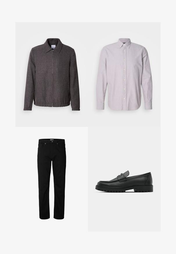 Lindbergh TEXTURED ZIP THROUGHT JACKET - Letná bunda - charcoal; Košeľa na gombíky vo svetlej fialovej farbe s bielymi pruhmi, vyrobená z bavlny, s dlhými rukávmi a golierom na gombíky, s žltými gombíkmi a bočnými rozparkami.; Čierne rifle s rovnými nohavicami, zapínanie na gombíky a zips, pútka na opasok a vrecká vpredu i vzadu, zobrazené na bielom pozadí.; Čierne kožené mokasíny s okrúhlou špičkou, s prešitým dizajnom, nízkou platformou a textúrovanou, zúbkovanou gumovou podrážkou.