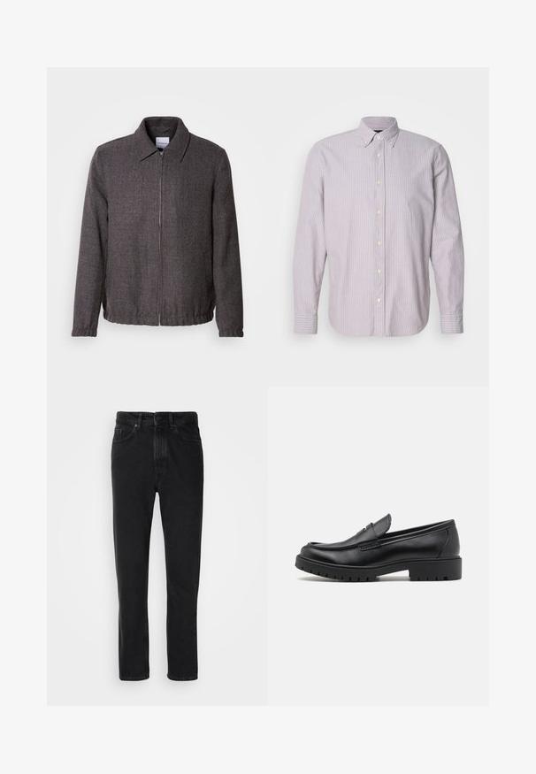 Lindbergh TEXTURED ZIP THROUGHT JACKET - Letná bunda - charcoal; Košeľa na gombíky vo svetlej fialovej farbe s bielymi pruhmi, vyrobená z bavlny, s dlhými rukávmi a golierom na gombíky, s žltými gombíkmi a bočnými rozparkami.; Čierne denímové nohavice so strihom rovného nohu, so zapínaním na gombík a zips, prednými vreckami a jemnou textúrou.; Čierne kožené mokasíny s okrúhlou špičkou, s designom na obúvanie a hrubou gumovou podrážkou s textúrovanou protišmykovou úpravou. Vyvýšený opatok a jemné prešívanie.