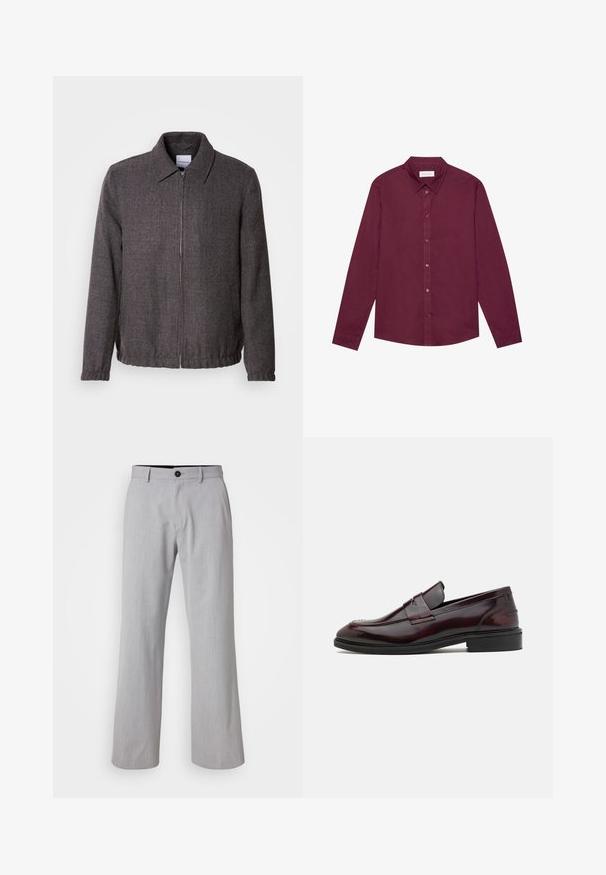 Lindbergh TEXTURED ZIP THROUGHT JACKET - Let jakke / Sommerjakker - charcoal; Langærmet skjorte i dyb bourgogne, lavet af bomuldsblanding. Har klassisk krave, frontknaplukning og en subtil glans.; Lys grå bredbenede bukser lavet af et tekstureret stof. Har en talje med bæltesløjfer, en lukning med knap foran og to sidelommer.; Bordeaux læder loafers med en glat finish, rektangulær frontdetalje og en afrundet tå, med en sort gummisål.