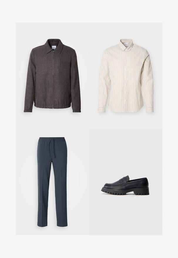 Lindbergh TEXTURED ZIP THROUGHT JACKET - Lichte jas - charcoal; Beige en wit gestreept overhemd met lange mouwen en knoopsluiting, voorzien van een button-down kraag, getoond op een effen witte achtergrond.; Marineblauwe, lichtgewicht broek met een trekkoord in de taille, rechte pijpen en een gladde textuur. Geen patronen of accenten zichtbaar.; Zwarte leren instappers met een ronde neus, voorzien van een decoratieve riem en een stevige rubberen zool met diepe groeven voor grip.