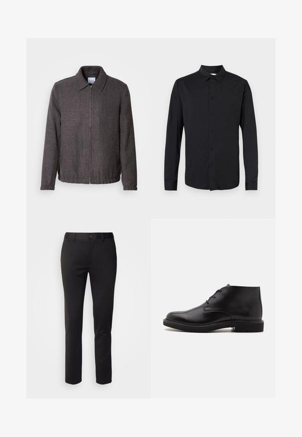 Lindbergh TEXTURED ZIP THROUGHT JACKET - Let jakke / Sommerjakker - charcoal; Sort langærmet skjorte med knapper, der har en krave, forreste knapper, og et glat, mat finishstof. Ingen synlige mønstre eller detaljer.; Sorte bukser i glat stof, med lige ben, frontlukning med knap og bæltestropper, vist på en hvid baggrund.; Sort læderankelstøvle med tre snørehuller, rundet tå og flad sål på en ensfarvet lys baggrund.