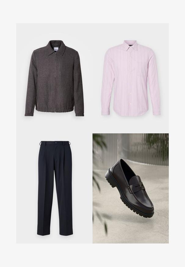 Lindbergh TEXTURED ZIP THROUGHT JACKET - Lichte jas - charcoal; Lichtroze overhemd met lange mouwen, knopen, dunne verticale witte strepen en een borstzakje, weergegeven op een witte achtergrond.; Donkerblauwe op maat gemaakte broek met knoop- en ritsluiting aan de voorkant, riemlussen en zijzakken, getoond op een witte achtergrond.; Bruine leren loafers met een getextureerde, geribbelde rubberen zool. Beschikt over een slank ontwerp en een decoratieve band over de wreef.