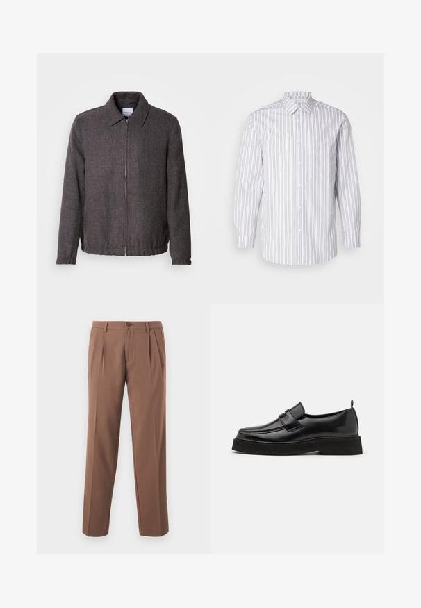 Lindbergh TEXTURED ZIP THROUGHT JACKET - Let jakke / Sommerjakker - charcoal; Stribet skjorte med knapper, der har lodrette grå og hvide striber, lange ærmer, en krave og en brystlomme. Glat stoftekstur.; Brune plisserede bukser med lige ben-design, der har en enkelt knaplukning og en glat, struktureret stof.; Sorte læder loafersko i stil med flad, tekstureret sål, med en syet tå og en rem over vristen.